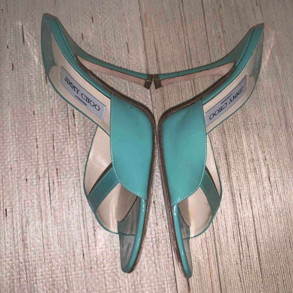 Jimmy Choo Turquoise/Green Patent Leather Sandals Preppy Office Womens 8 EU 38 - Picture 7 of 16